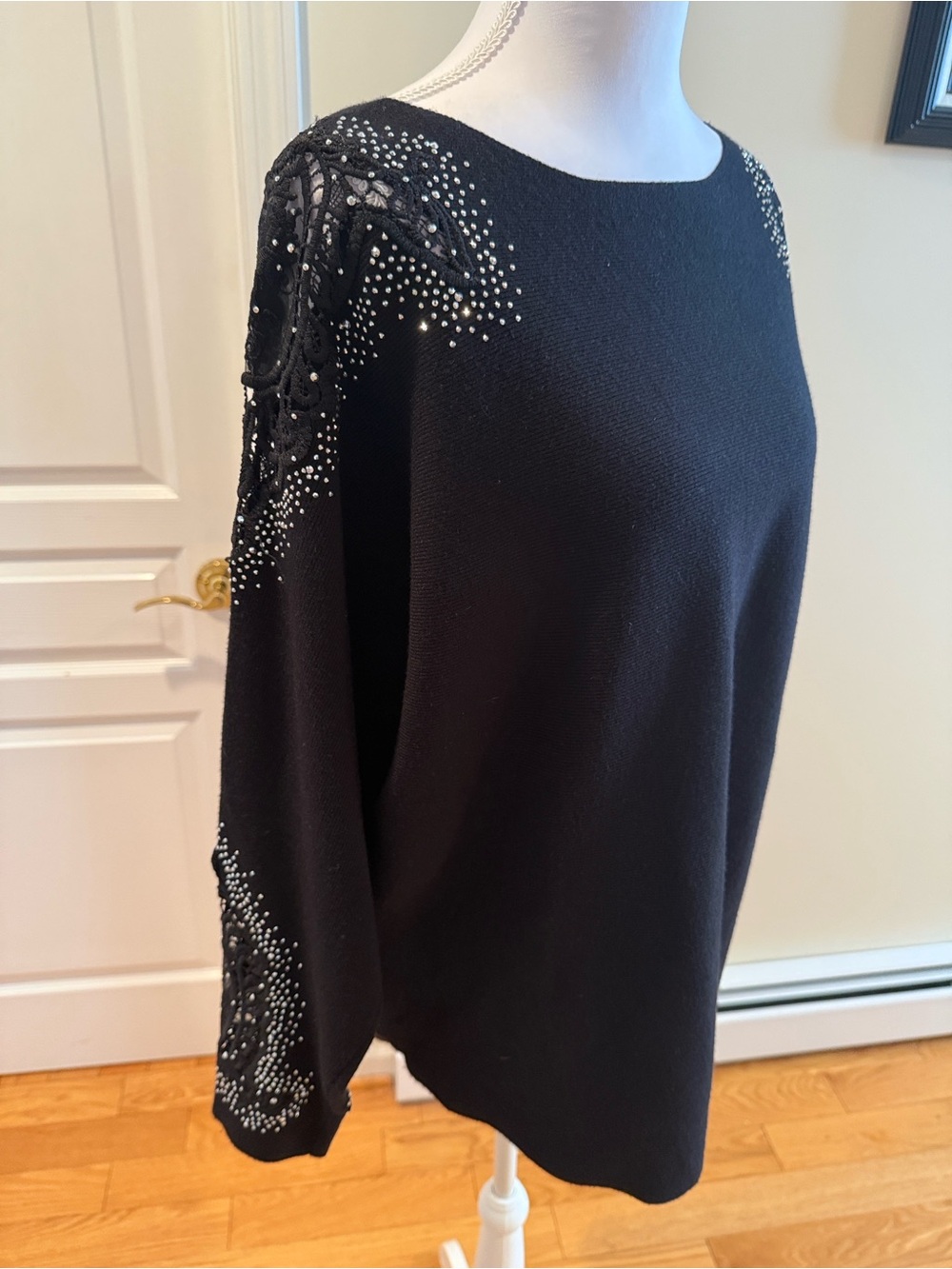 LIV Milano Black Sequin-Slit Sleeve Boatneck Top